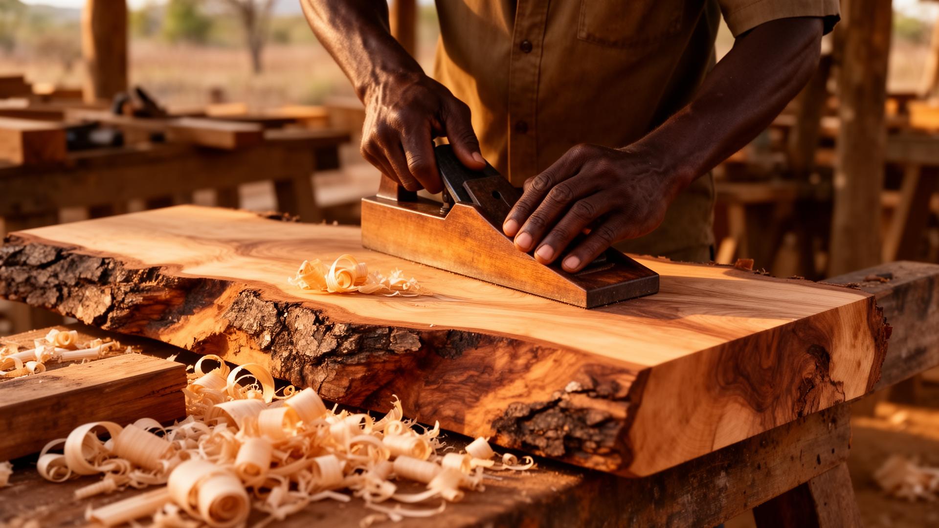 Tischler bei der Arbeit an einer Live-Edge-Platte in Tansania