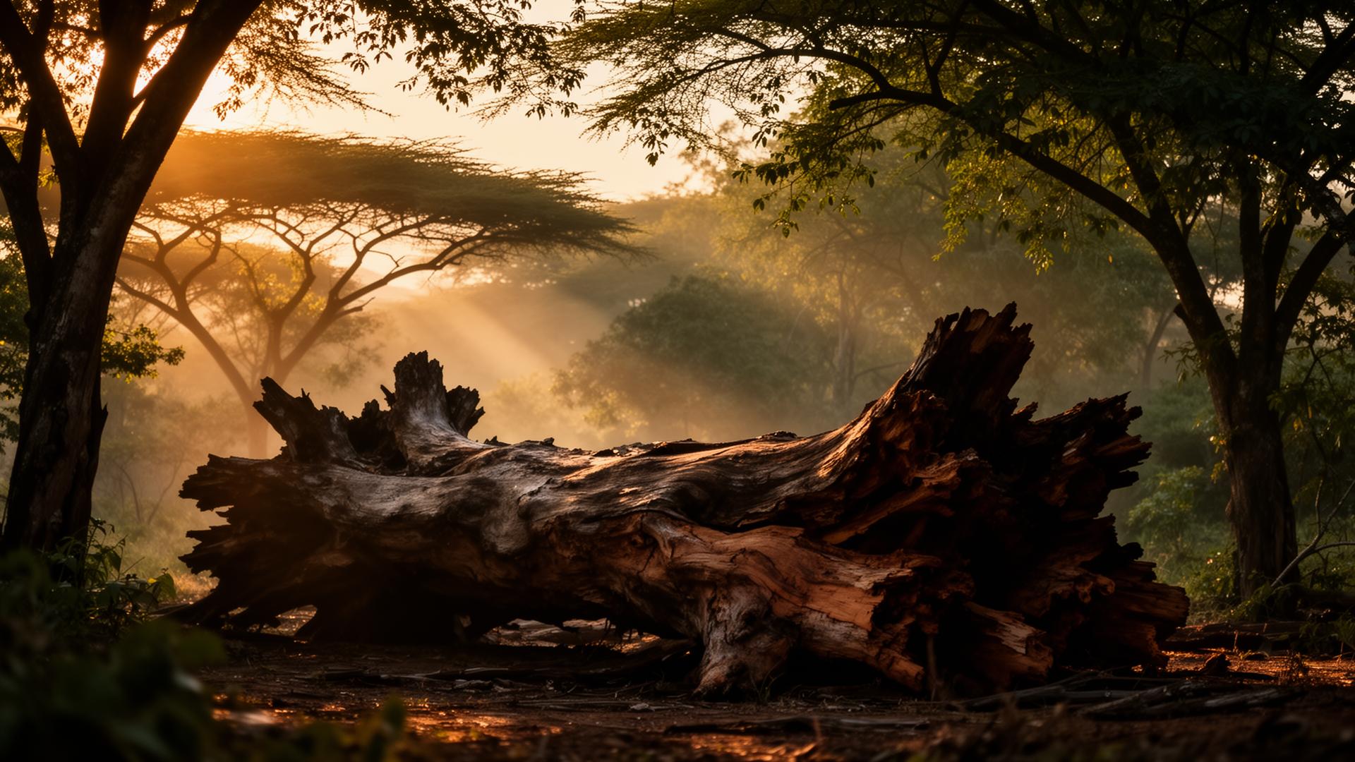 Umgestürzter Baum im tansanischen Wald im Morgenlicht
